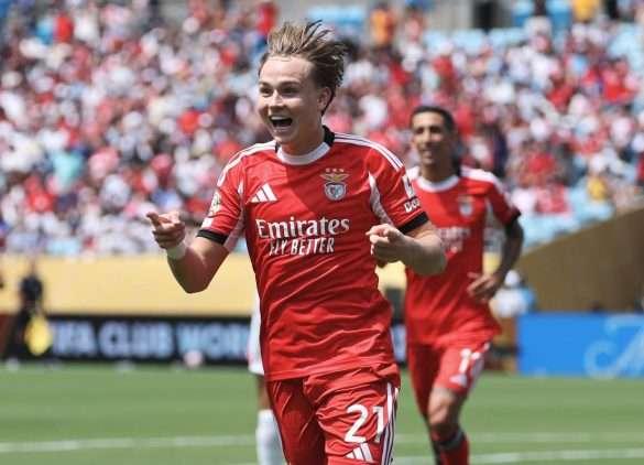Andreas Schjelderup after scoring against Bayern Munich in the Club World Cup