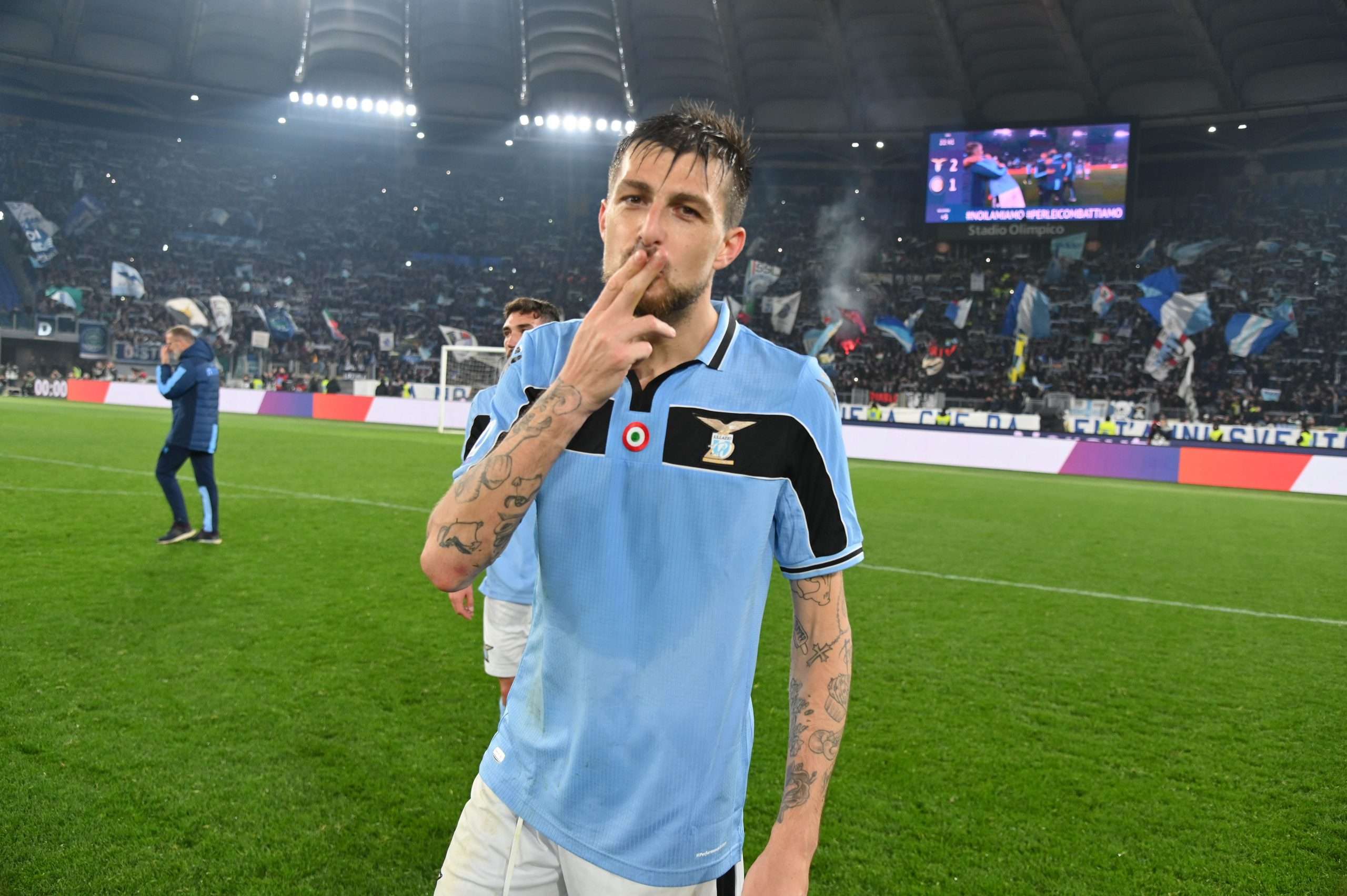 Lazio players cheer after scoring during the Italian Serie A